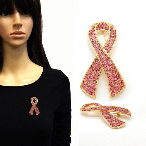 A stylish pink ribbon brooch, symbolizing breast cancer awareness, measuring 2.3/4" x 1.5", made from lead and nickel free materials.