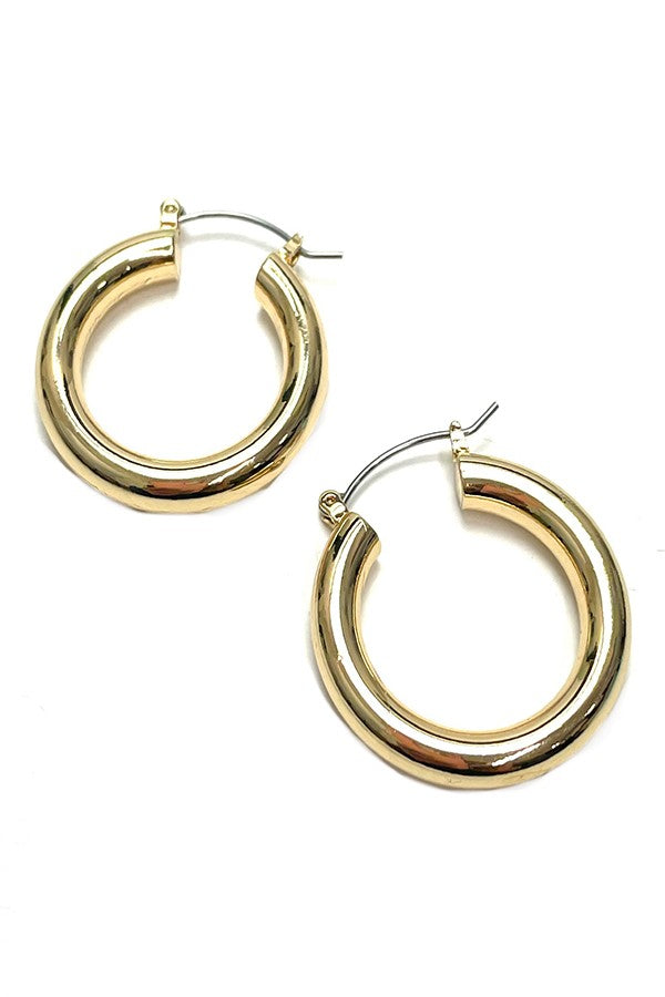 Elegant plain hoop earrings with lever back closure, 1.1/8" diameter, perfect for any occasion.