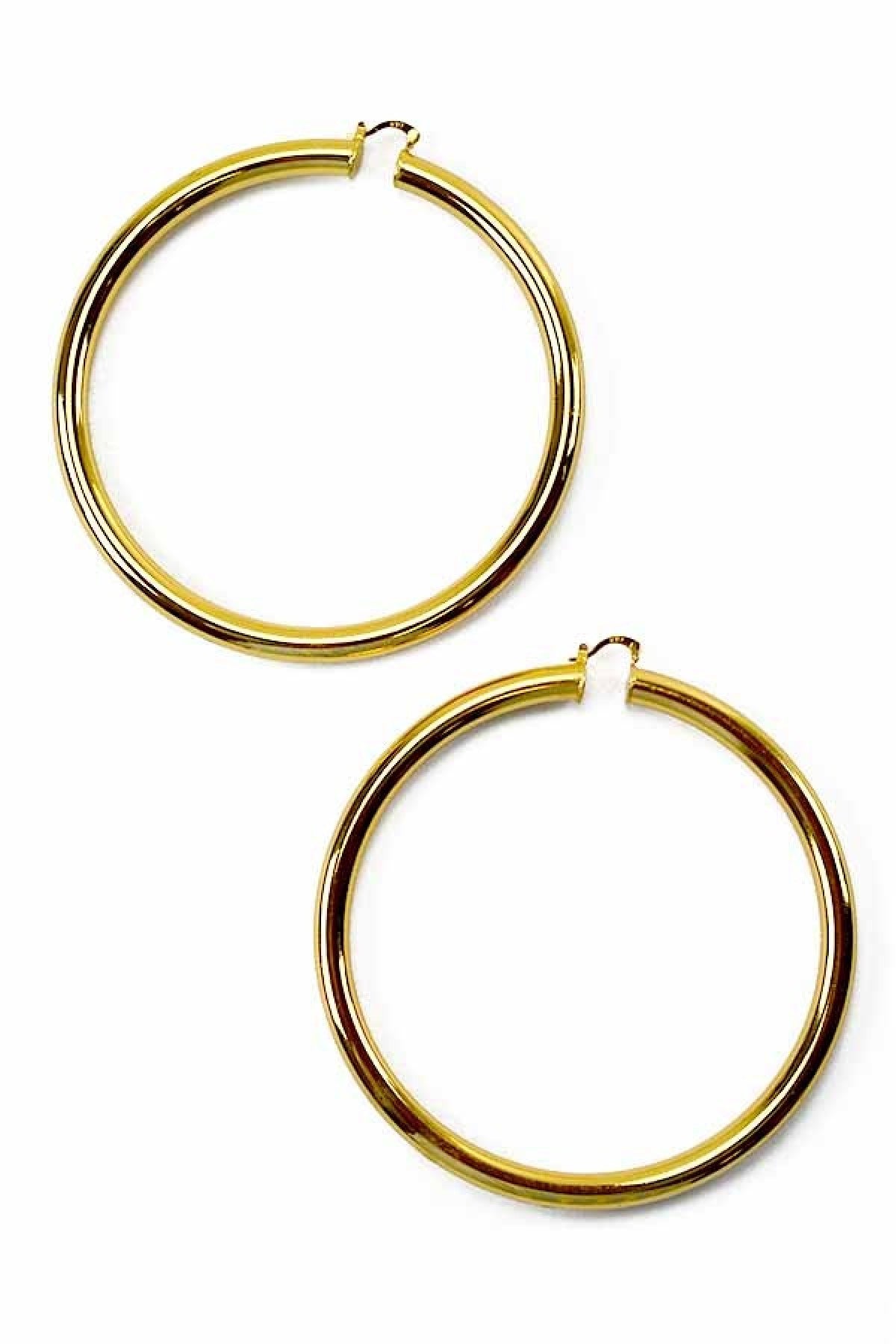 A pair of elegant plain thick hoop earrings with a 3-inch diameter, featuring a secure latch back closure, suitable for everyday wear.