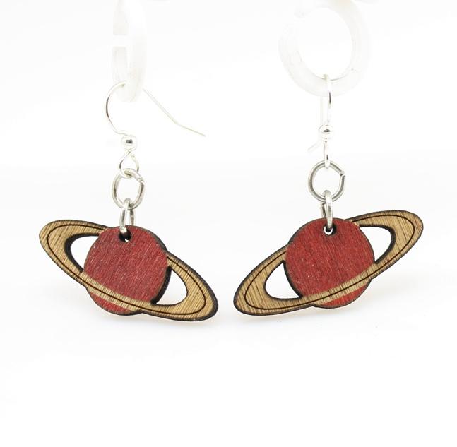 Planet Earrings #1442 made from sustainably sourced wood, featuring a vibrant Cherry Red color and hypoallergenic stainless steel ear wires.