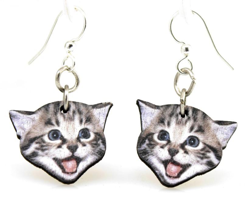 A pair of playful kitten earrings made from sustainably sourced wood, featuring a laser-cut design with a colorful kitten image on the front and a natural wood back.