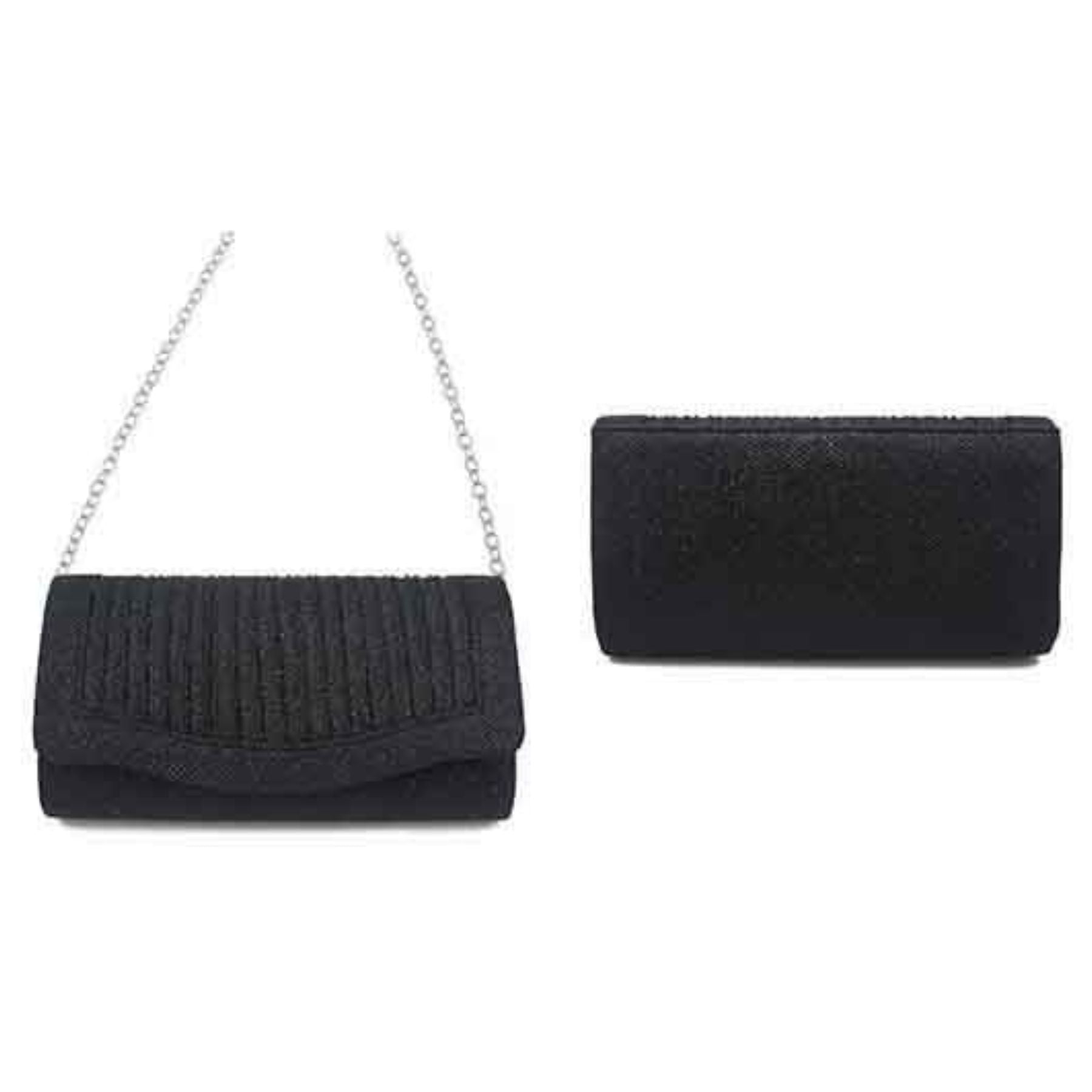 Elegant pleated glitter fabric clutch evening bag with detachable chain and soft lining, perfect for formal events.