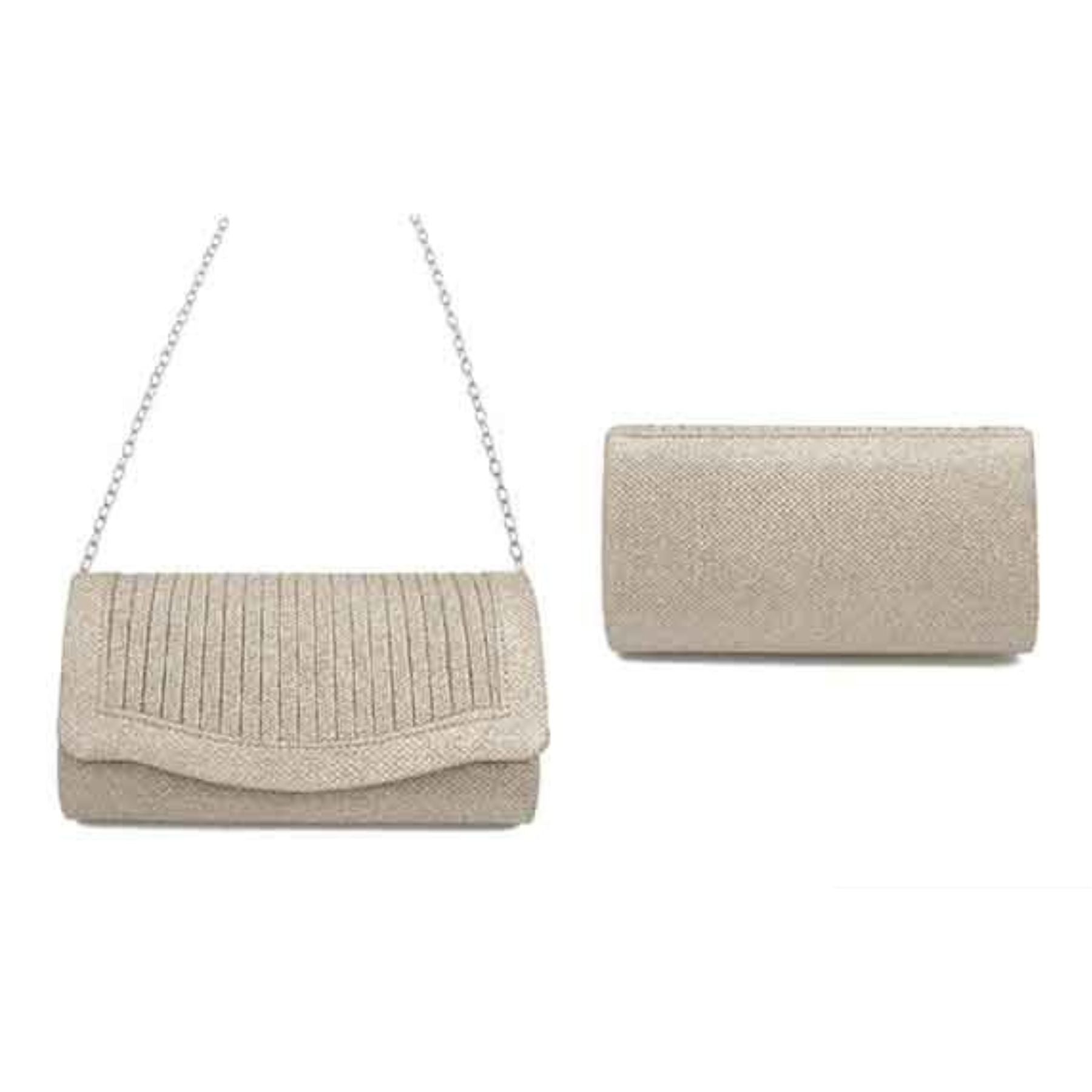 Elegant pleated glitter fabric clutch evening bag with detachable chain and soft lining, perfect for formal events.