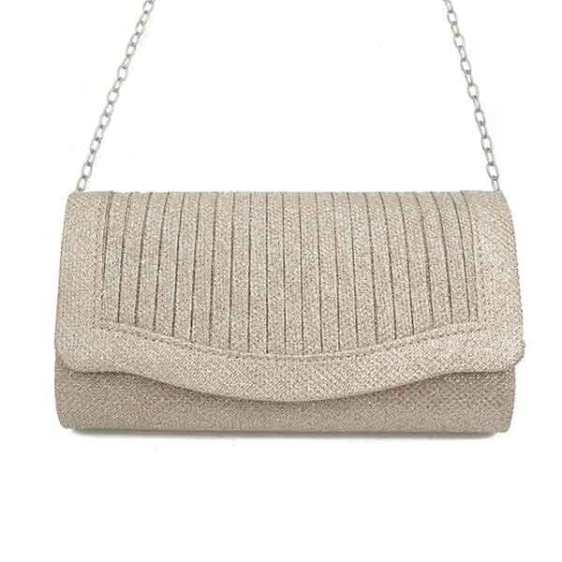 Elegant pleated glitter fabric clutch evening bag with detachable chain and soft lining, perfect for formal events.