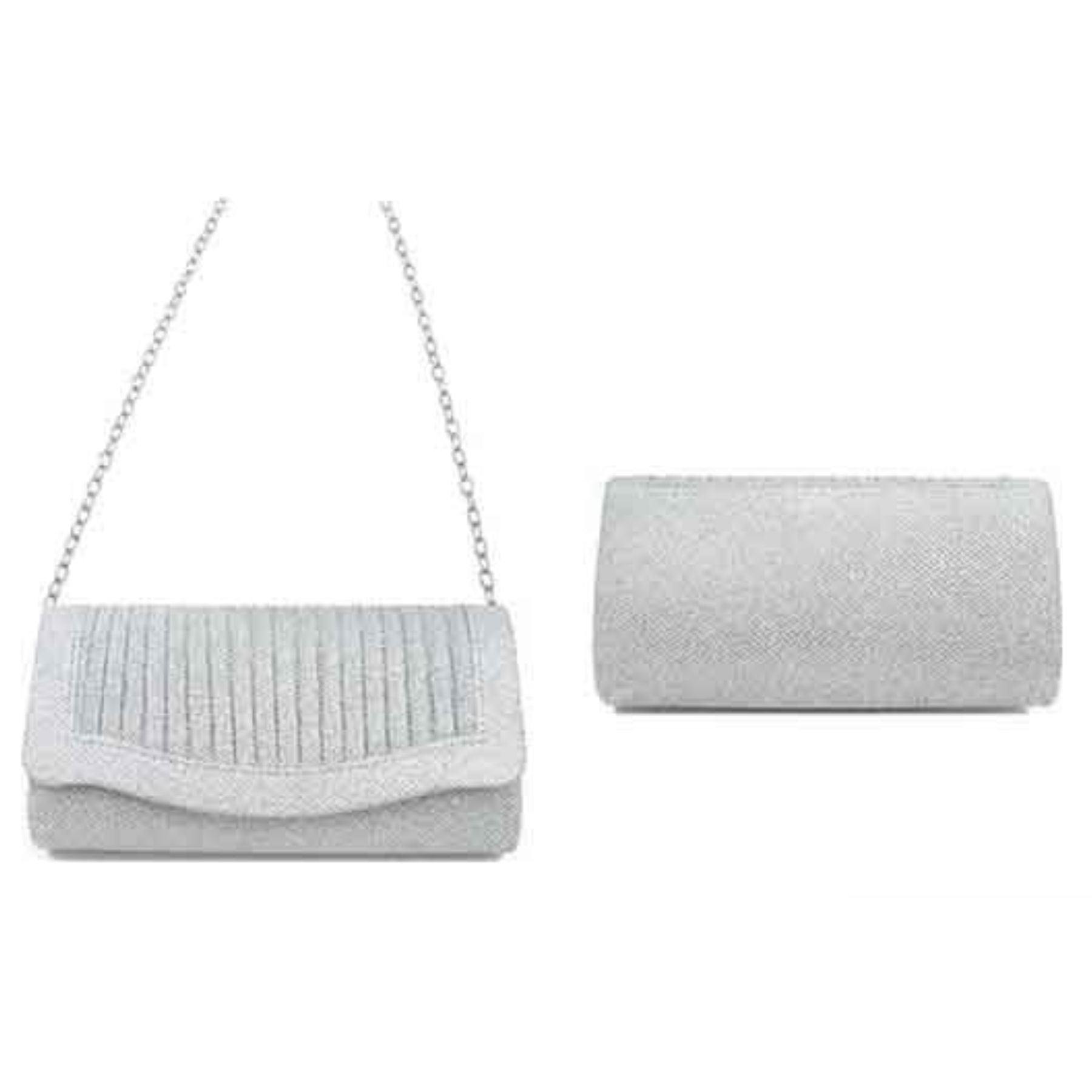 Elegant pleated glitter fabric clutch evening bag with detachable chain and soft lining, perfect for formal events.