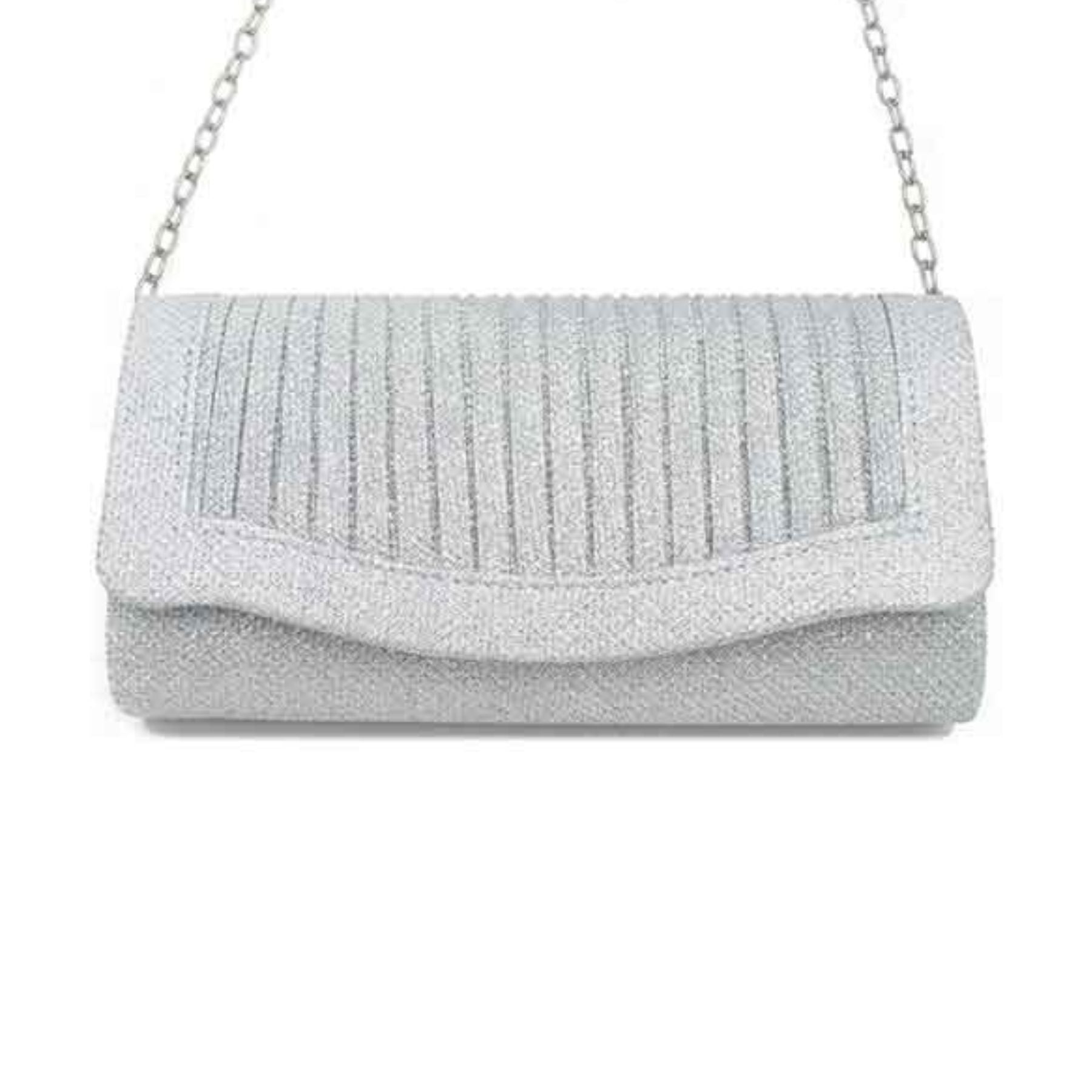 Elegant pleated glitter fabric clutch evening bag with detachable chain and soft lining, perfect for formal events.