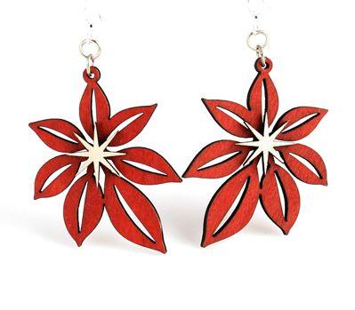 A pair of Poinsettia Earrings #1279 made from sustainably sourced wood, featuring a vibrant design and silver-finished hypoallergenic ear wires.