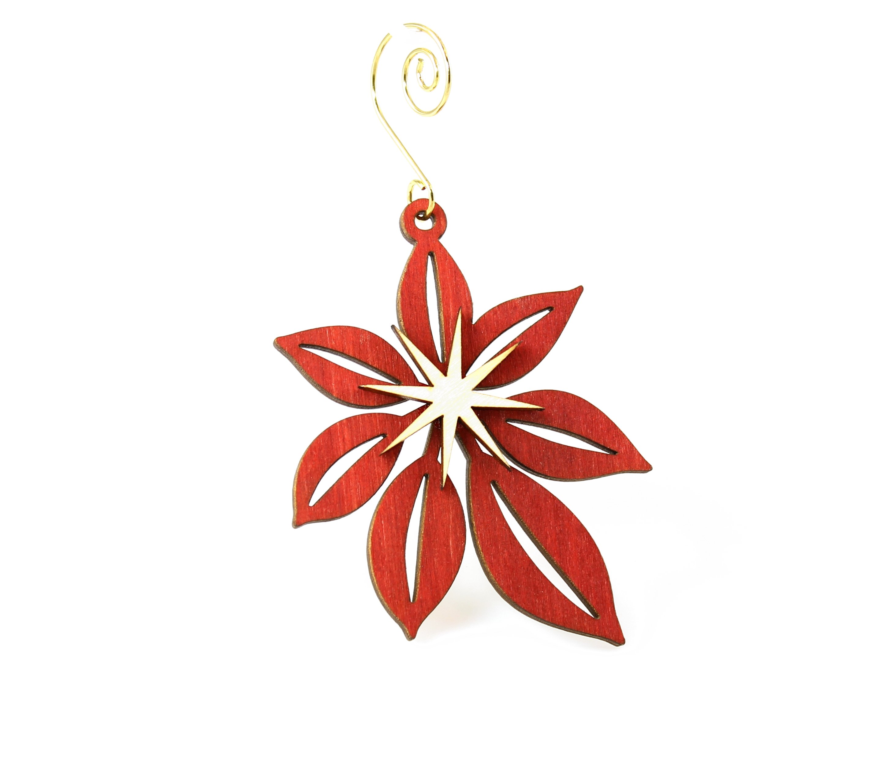 Poinsettia Ornament #9992 made from eco-friendly birch wood, featuring intricate laser-cut design and stained with water-based dye.