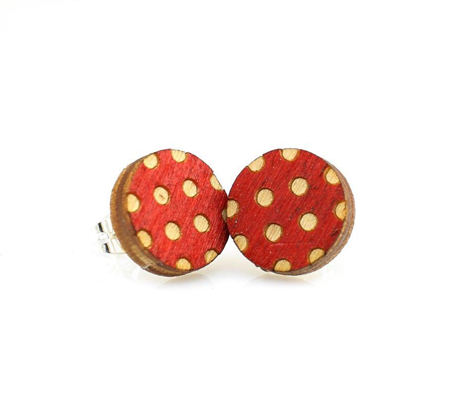 A pair of stylish Polka Dot Stud Earrings made from lightweight laser-cut wood, featuring a playful polka dot design.