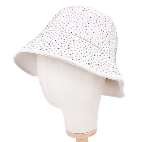 A stylish polyester bucket hat fully adorned with sparkling rhinestones, perfect for sun protection and fashion.