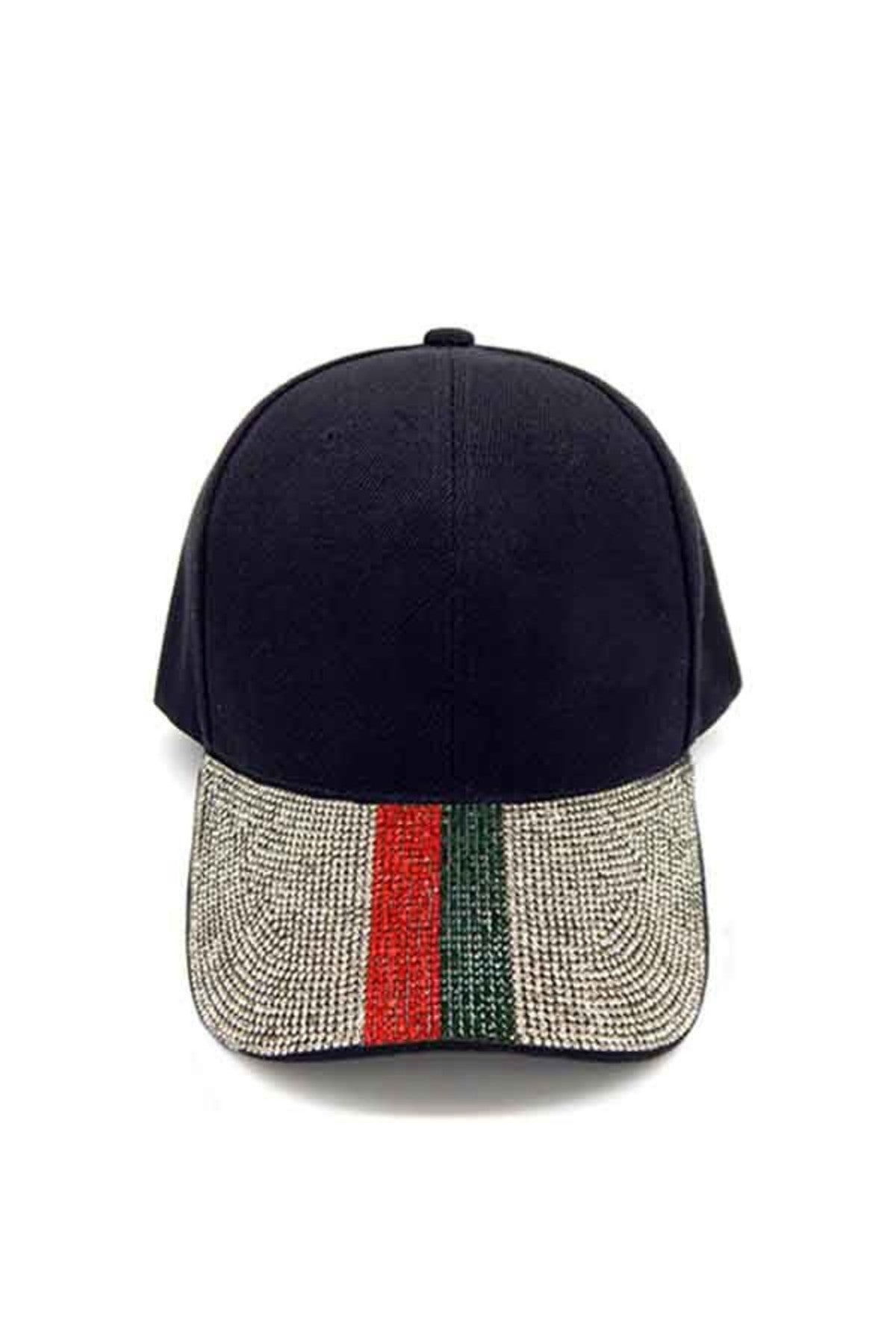 A stylish polyester ball cap adorned with sparkling rhinestones, featuring an adjustable Velcro back closure and a 7-inch diameter.