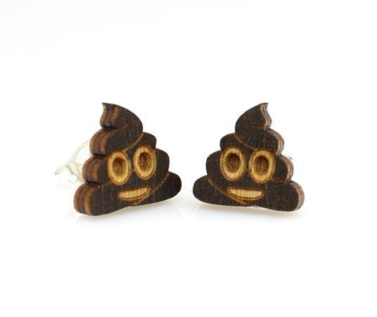 A pair of Poop Emoji Stud Earrings made from lightweight wood, featuring a playful poop emoji design, with silver plated brass earstuds.