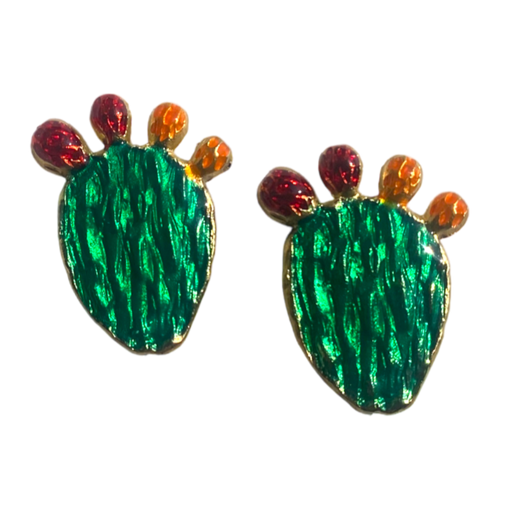 Elegant gold-plated brass earrings shaped like prickly pear leaves, featuring vibrant hand-painted details in green, red, and orange.