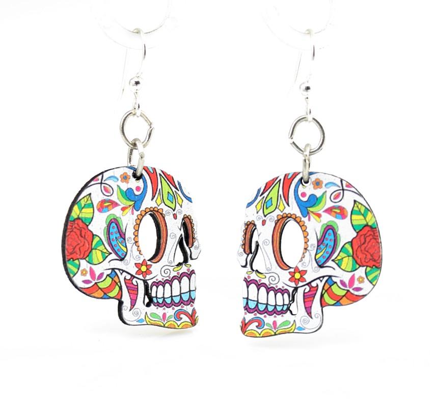 Profile Sugar Skulls #1529 earrings made from sustainably sourced wood, featuring intricate laser-cut designs and hypoallergenic stainless steel ear wires.