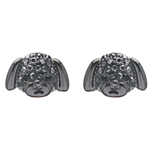 Puppy dog crystal rhinestone stud earrings in hematite, featuring gray and black crystals with a post back closure.