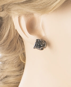 Puppy dog crystal rhinestone stud earrings in hematite, featuring gray and black crystals with a post back closure.