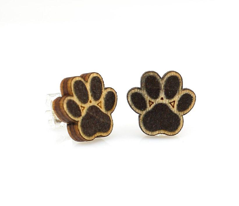 A pair of adorable Puppy Paw Stud Earrings made from sustainably sourced wood, featuring a cute paw design, lightweight and hypoallergenic.