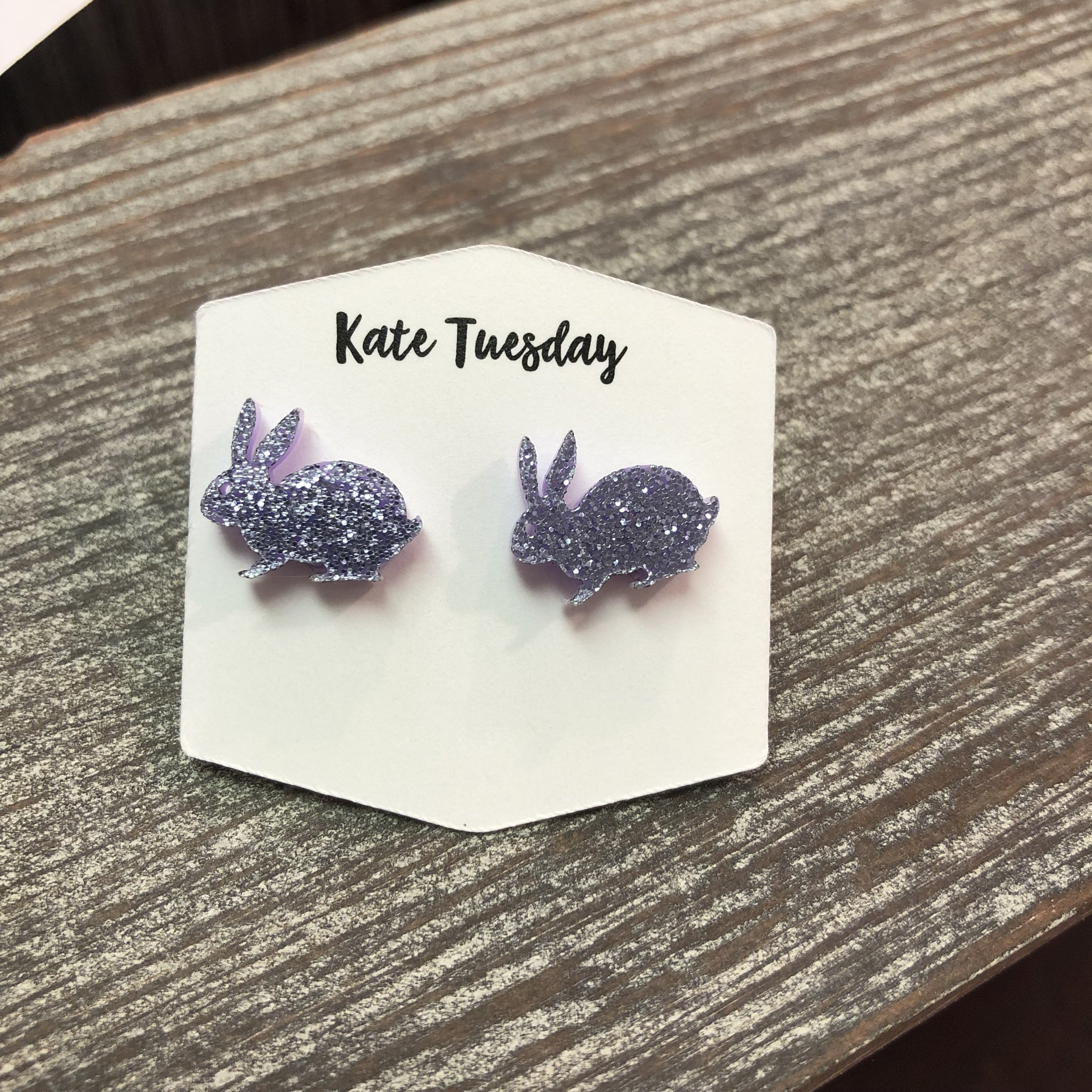 Purple glitter bunny rabbit stud earrings with nickel and lead-free posts, perfect for Easter celebrations.