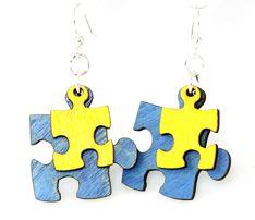 Puzzle Piece Earrings #1435 made from sustainably sourced wood, featuring a Royal Blue bottom piece and assorted top pieces, with stainless steel ear wires.