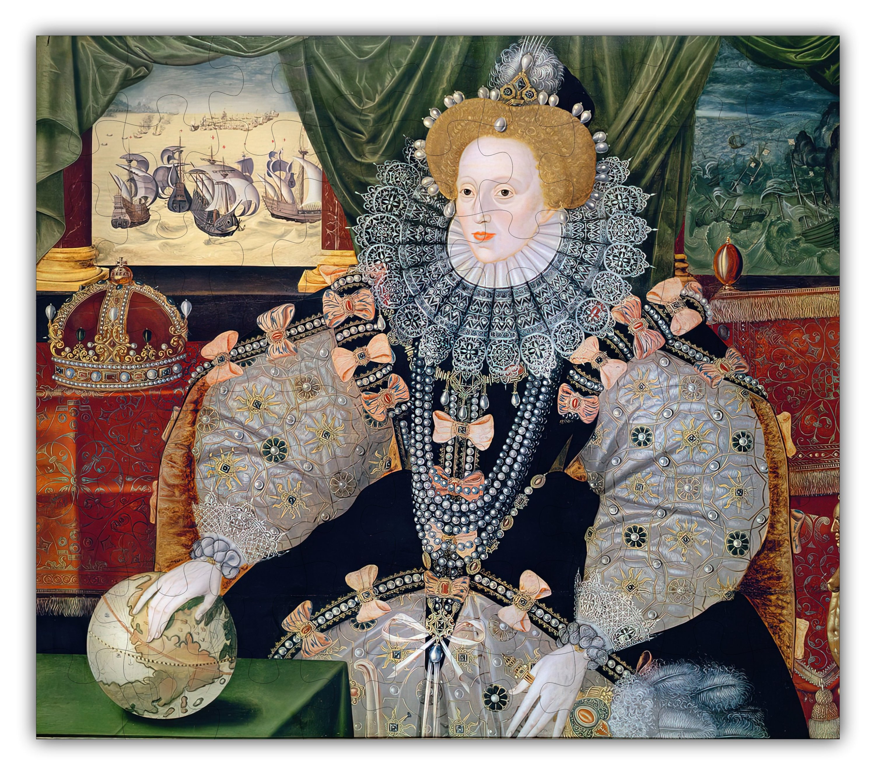 Queen Elizabeth Puzzle featuring 72 precision-cut pieces in a vintage design, packaged in a cardboard box with a burlap bag for storage.