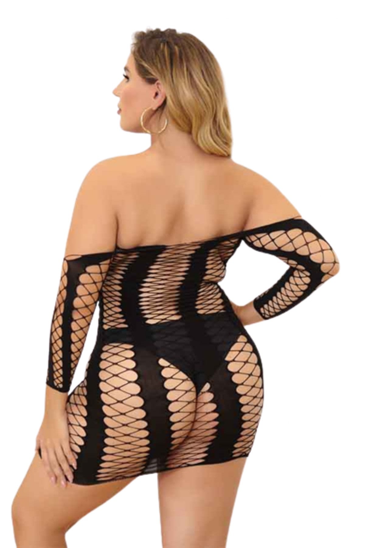 A stylish queen size long sleeves fishnet dress made from nylon and spandex, featuring a unique fishnet design for a bold look.