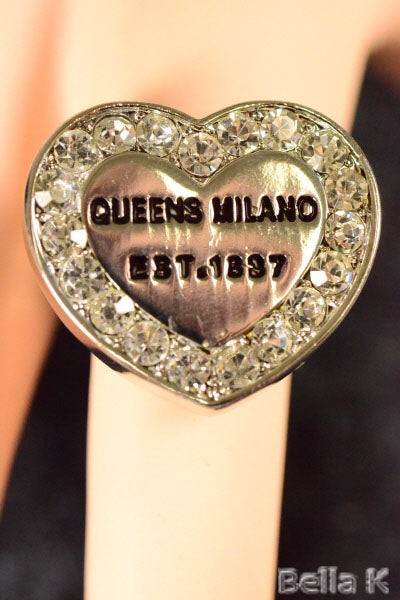 QUEENS MILANO HEART PAVE CRYSTAL Stretch Ring featuring rhinestones in a heart design, perfect for stylish accessorizing.