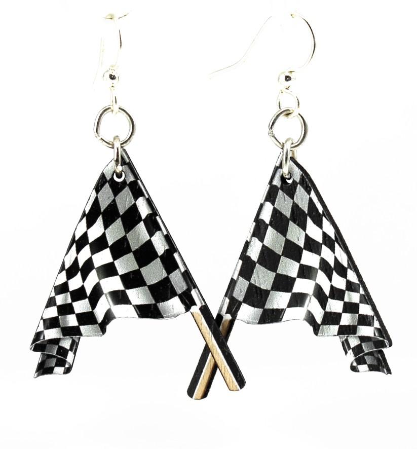 A pair of Racing Flag Earrings made from sustainably sourced wood, featuring a laser-cut design with a racing flag motif and silver-finished stainless steel ear wires.