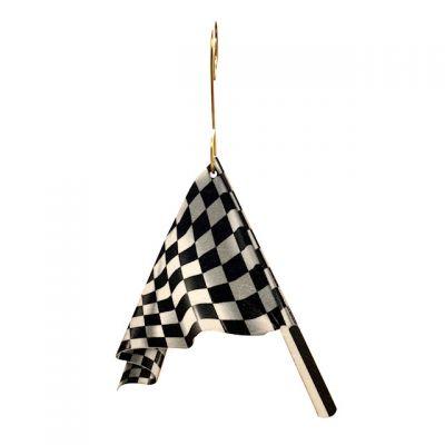 Racing Flag Ornament #9884 made from eco-friendly birch wood or recycled paper, featuring a glossy finish and unique racing design.