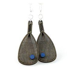 Racquet Ball on Racquet Earrings featuring a unique laser-cut wood design, showcasing a racquetball on a racquet, made from sustainable materials.