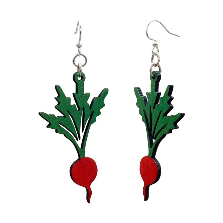 A pair of unique Radish Earrings #1263 made from sustainably sourced wood, featuring a vibrant radish design and silver-finished hypoallergenic ear wires.