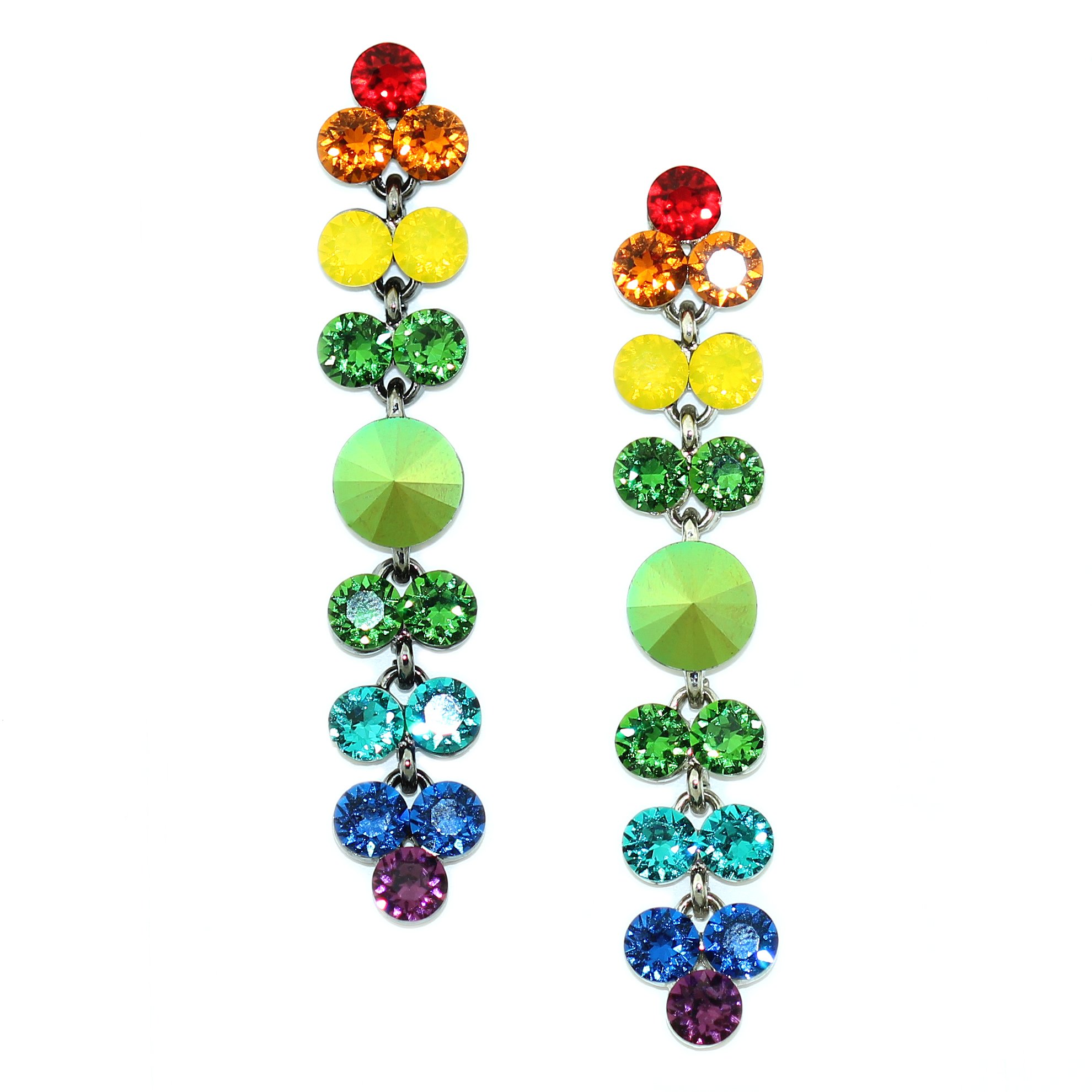 Colorful rainbow chandelier earrings adorned with Swarovski crystals, featuring a silver tone alloy bezel setting.