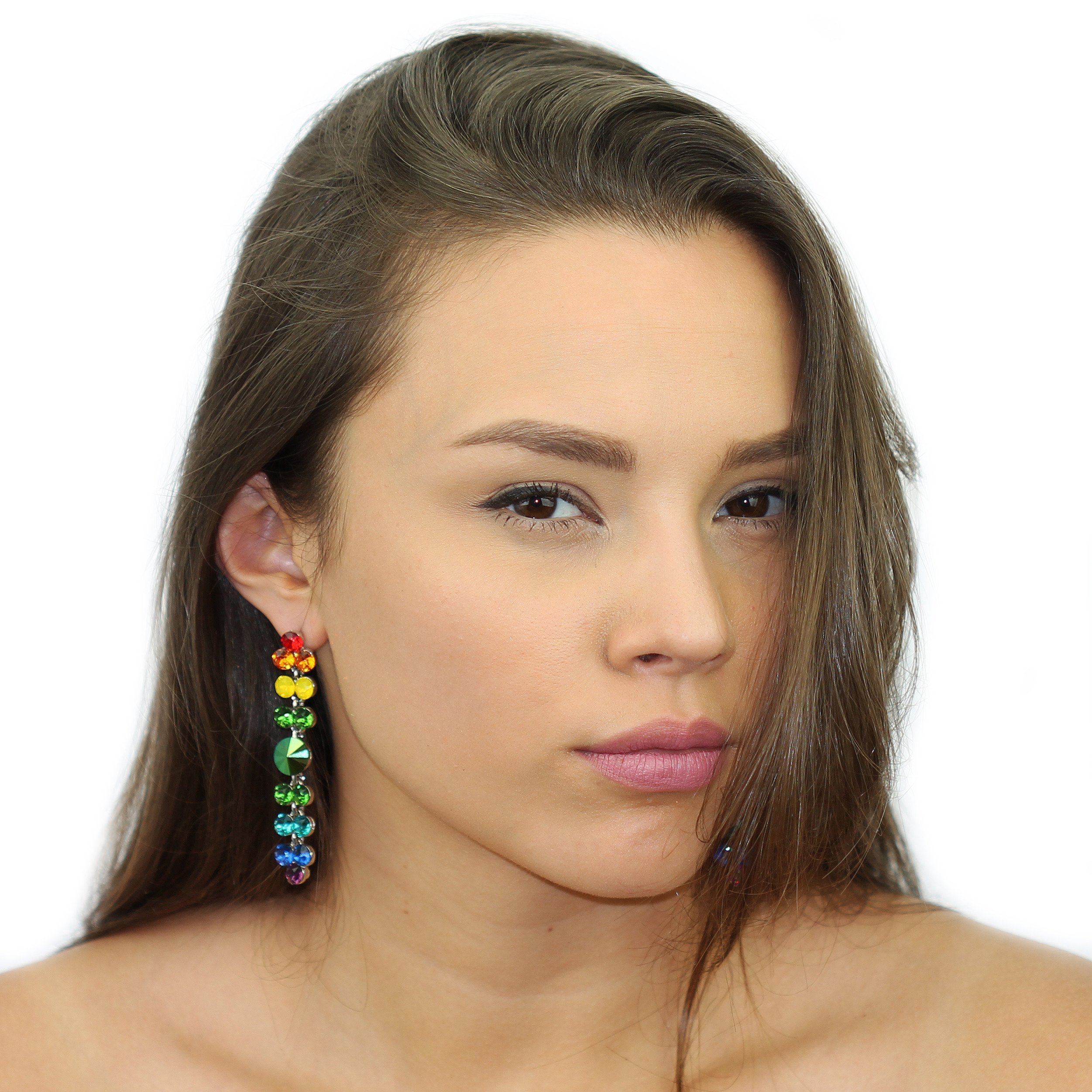 Colorful rainbow chandelier earrings adorned with Swarovski crystals, featuring a silver tone alloy bezel setting.