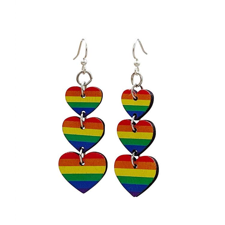 Colorful Rainbow Heart Earrings made from sustainably sourced wood with silver-finished stainless steel ear wires.