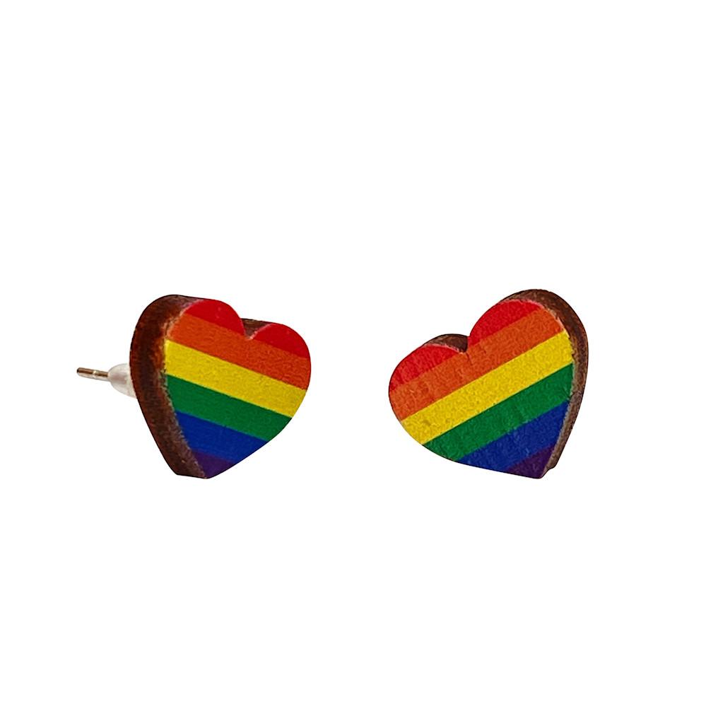 Colorful Rainbow Heart Stud Earrings made from lightweight laser-cut wood with a natural wood back, featuring hypoallergenic silver plated brass ear studs.