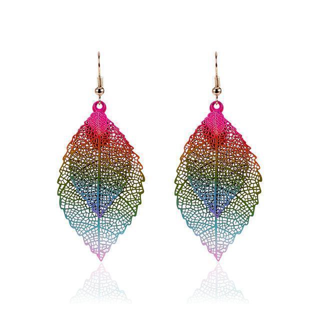 Colorful dangling rainbow leaf earrings made of zinc alloy and fabric, showcasing intricate layered designs.