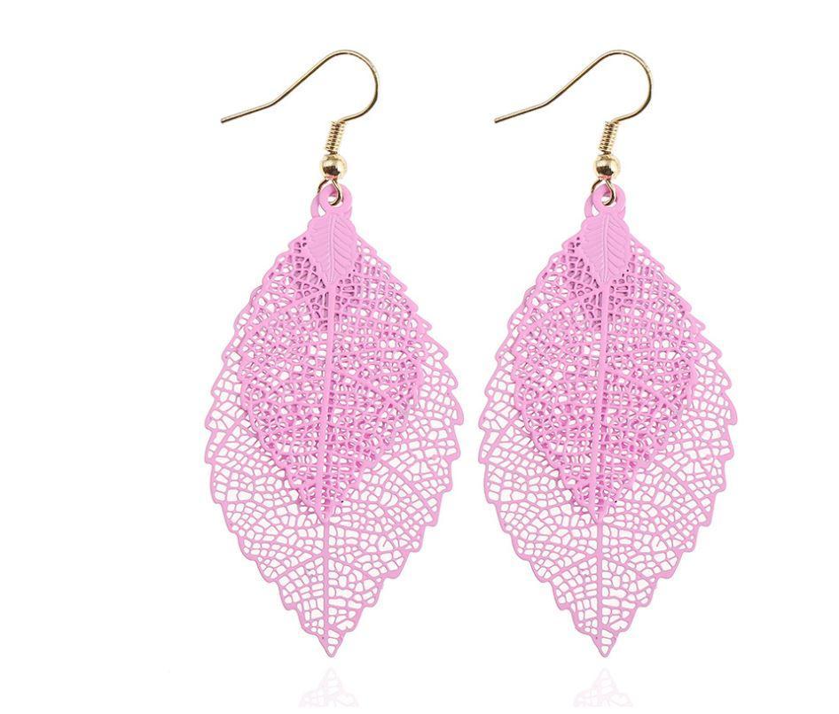 Colorful dangling rainbow leaf earrings made of zinc alloy and fabric, showcasing intricate layered designs.