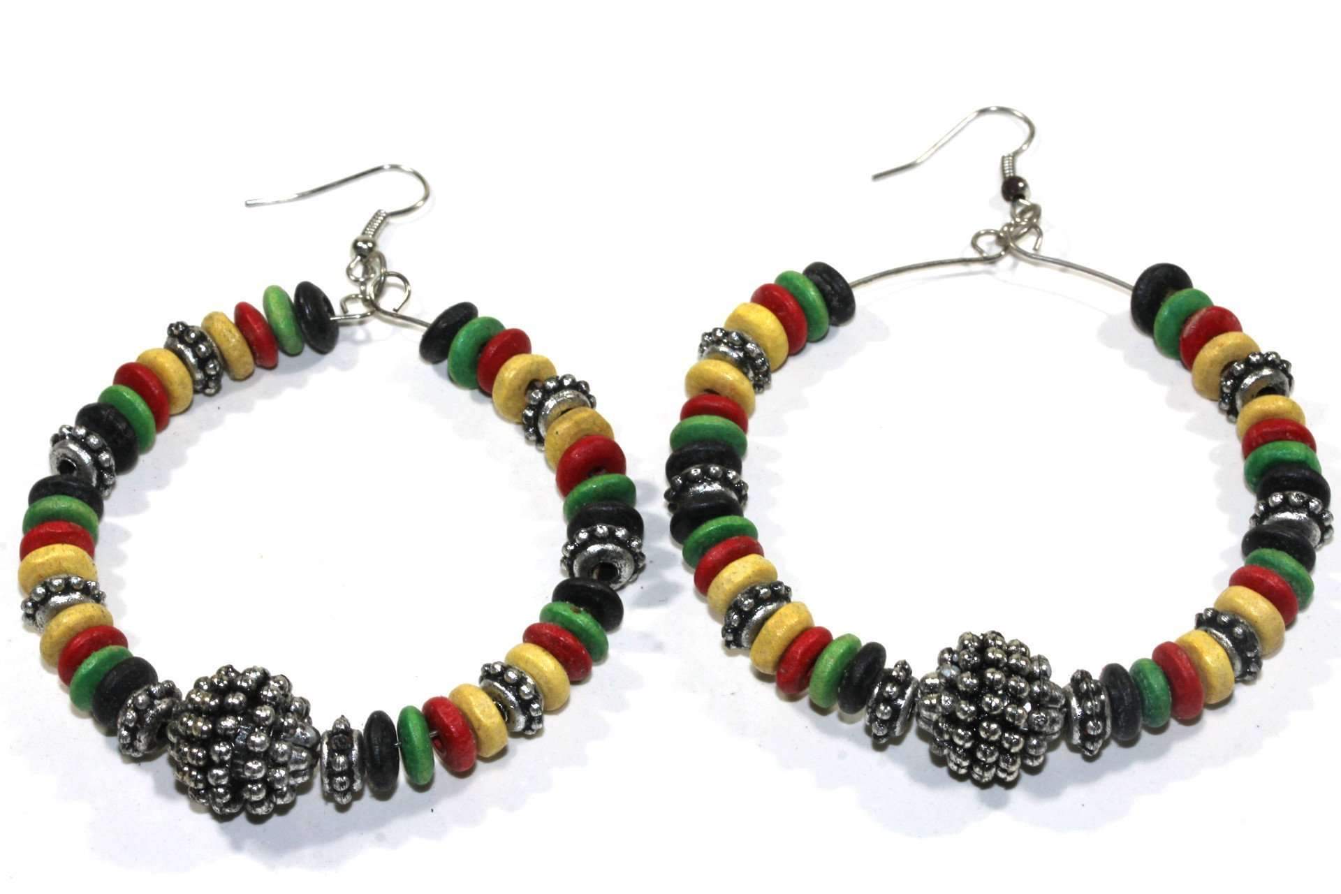 Colorful Rasta Style Hoop Earrings featuring wooden beads and antique silver tone accents.