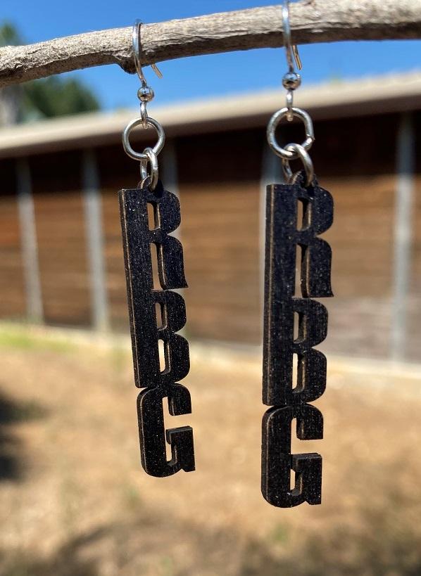 RBG Letter Earrings #T213 made from sustainably sourced wood, featuring a laser-cut design in Black Satin finish with hypoallergenic silver-finished ear wires.