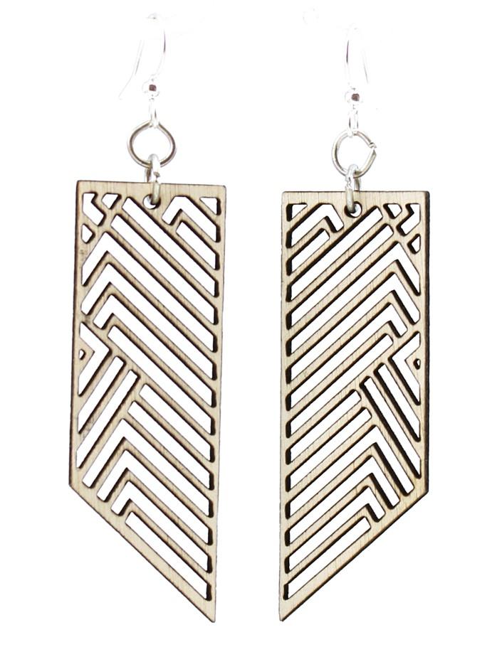 Rectangular Rhapsody Earrings #1597 made from sustainably sourced wood, featuring silver-finished stainless steel ear wires and a natural wood color.