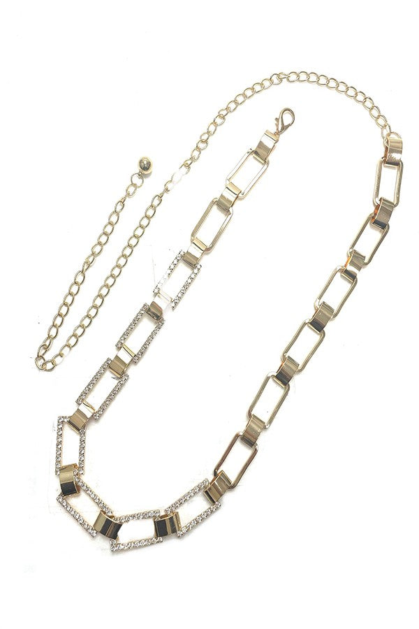 A stylish rectangular shape link chain belt adorned with rhinestones, featuring a lobster claw clasp and an extender for adjustable length.