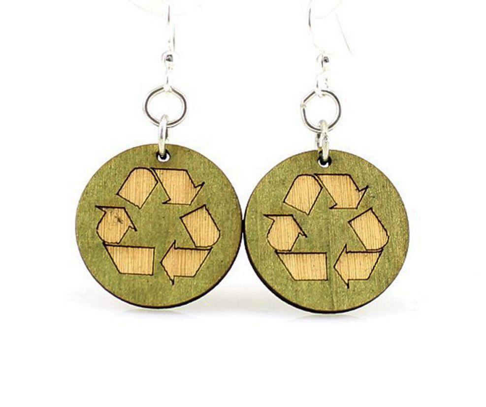 A pair of eco-friendly Recycle Earrings #1453 made from sustainably sourced wood, featuring silver-finished stainless steel ear wires.