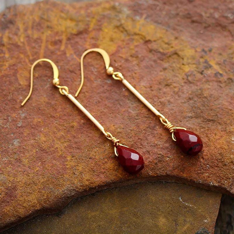 Handmade Red Jasper Dangle Earrings featuring vibrant red stones in a bohemian design, perfect for stylish women.