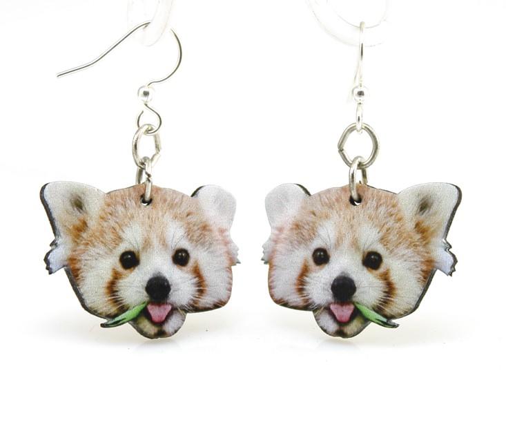 A pair of laser-cut Red Panda Earrings made from sustainably sourced wood, featuring a detailed panda design on the front and a natural wood back.