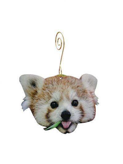 Red Panda Ornament #9910 made from eco-friendly birch wood or recycled paper, featuring a charming design and glossy finish.