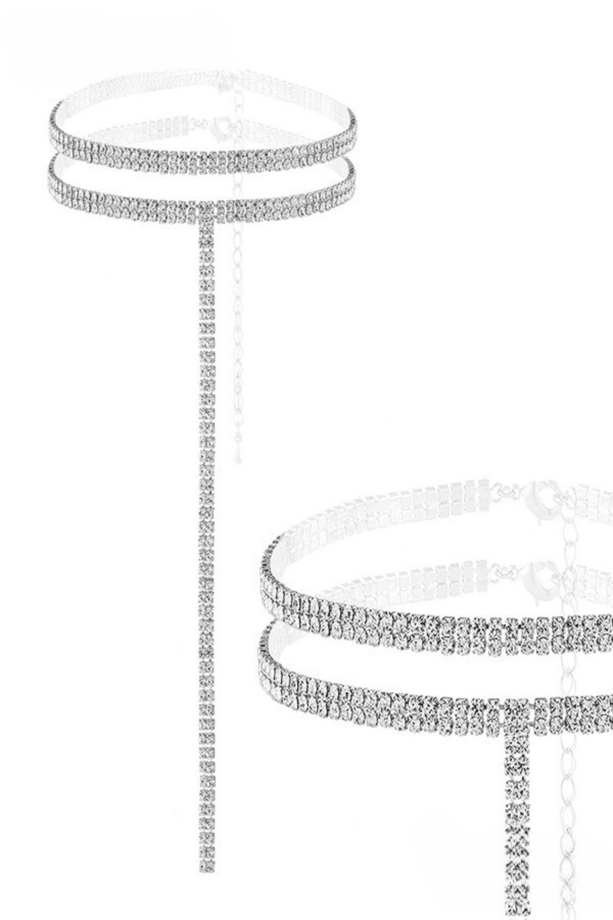 Rhinestone 2 Row Long Drop Chokers featuring dual rows of sparkling rhinestones with a lobster claw clasp and extender.