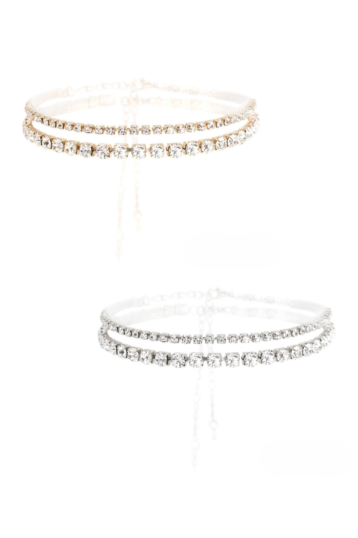 Rhinestone choker necklaces featuring 4mm and 6mm stones, lobster claw clasp, and extender for adjustable fit.