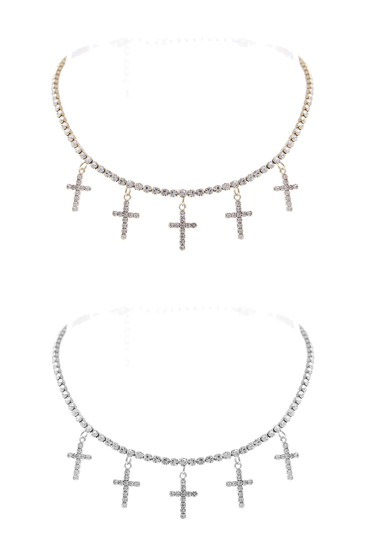 Rhinestone 5 Cross Choker/Collar featuring five sparkling crosses and an adjustable clasp.