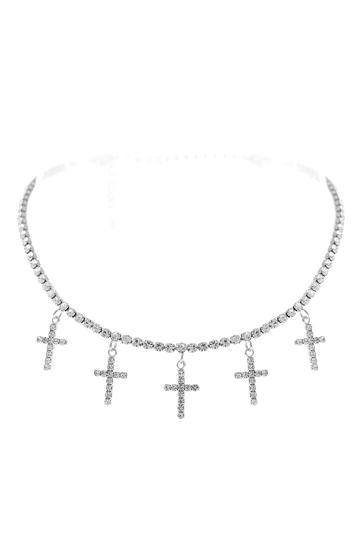 Rhinestone 5 Cross Choker/Collar featuring five sparkling crosses and an adjustable clasp.