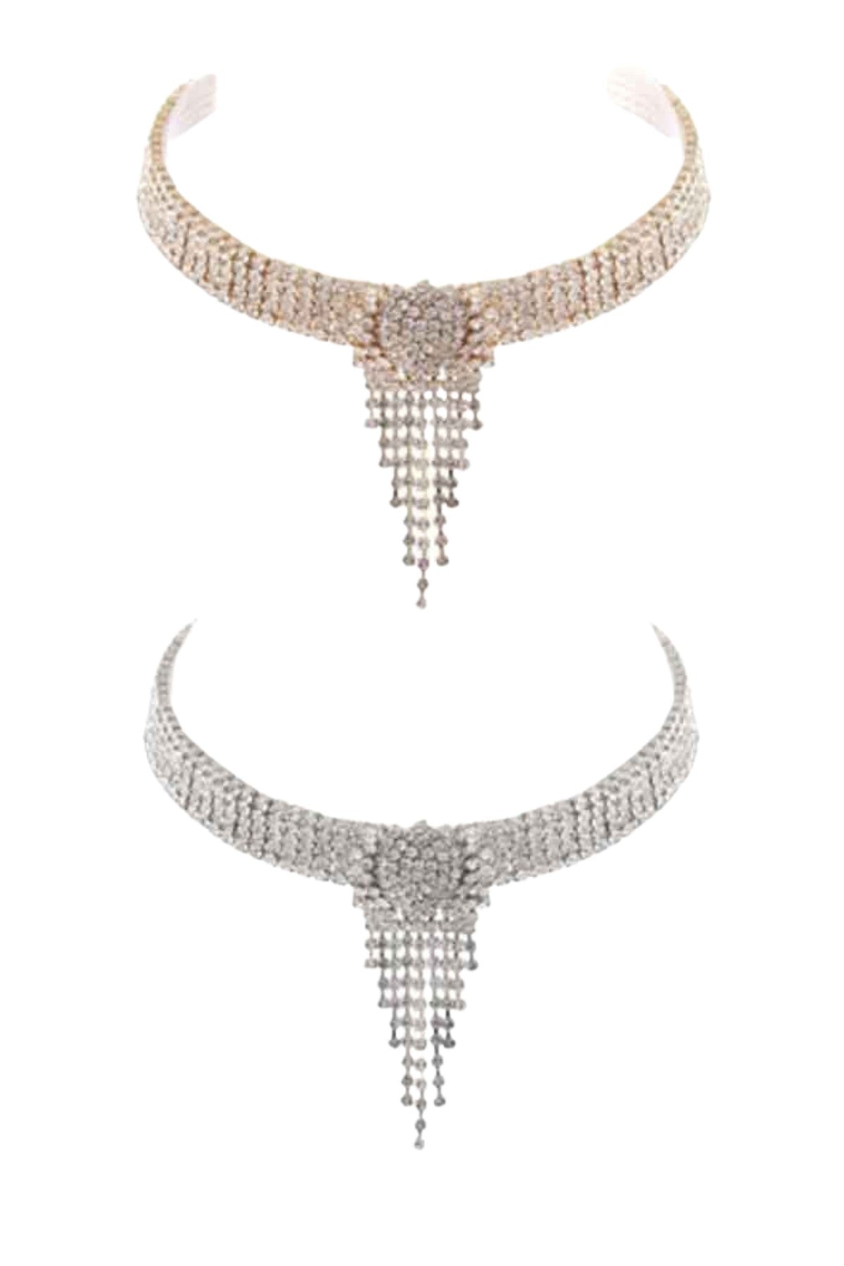 Rhinestone 5 Row Fringe Choker with sparkling rhinestones and adjustable clasp, showcasing elegant fringe design.