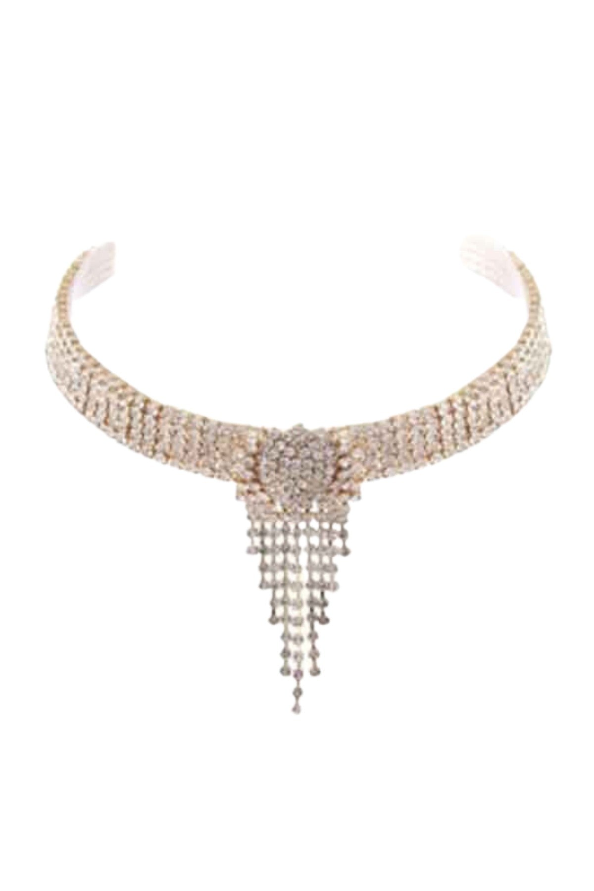 Rhinestone 5 Row Fringe Choker with sparkling rhinestones and adjustable clasp, showcasing elegant fringe design.